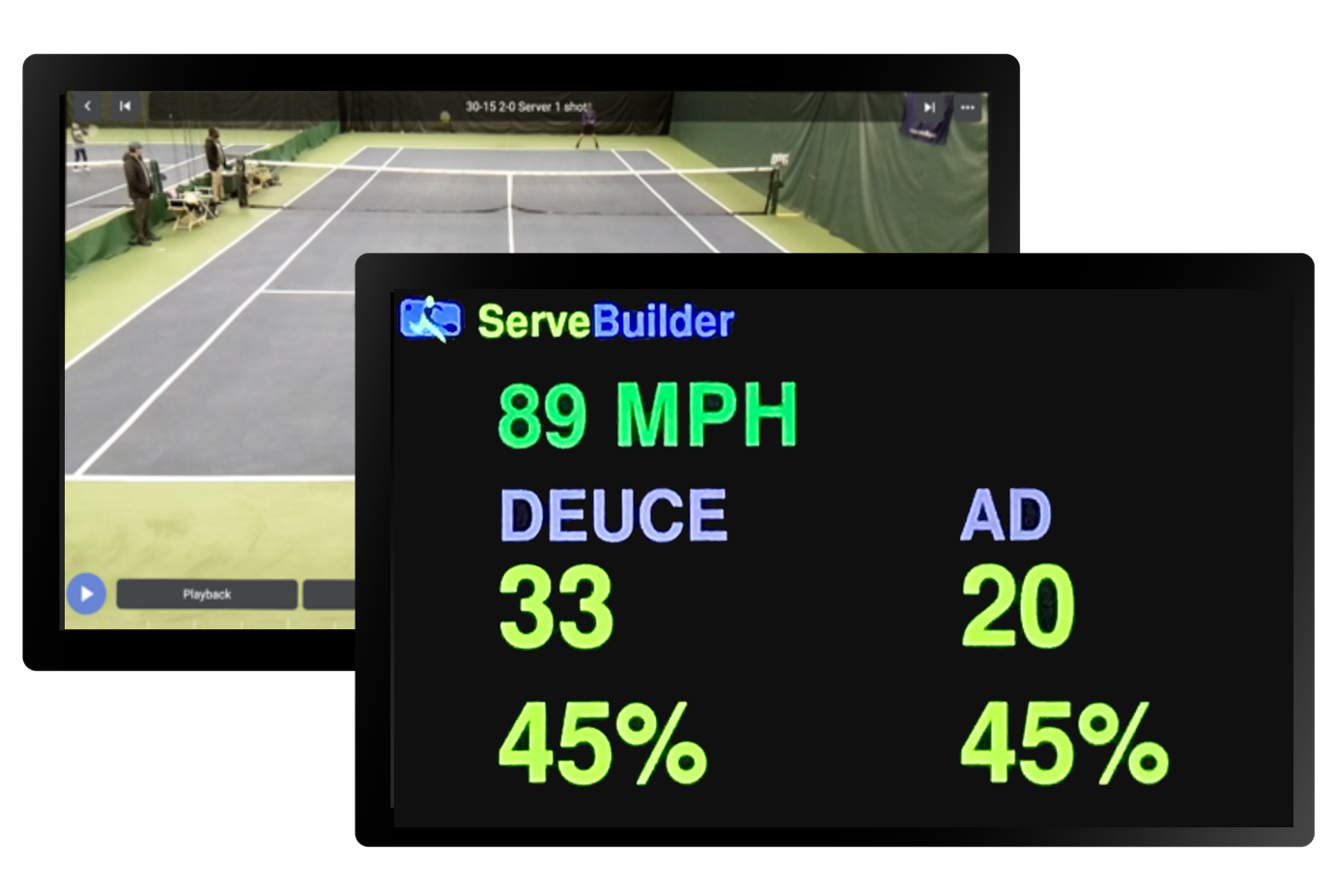 Interactive on-court scoreboards showing match video and serving drill stats