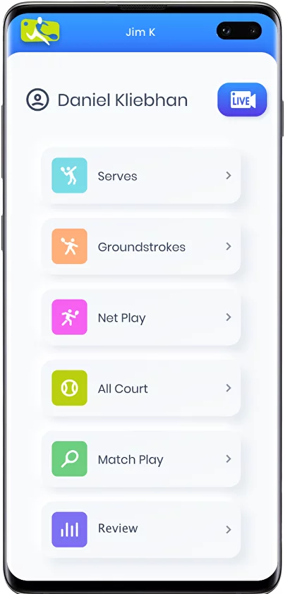 App showing drill selector for smart tennis court